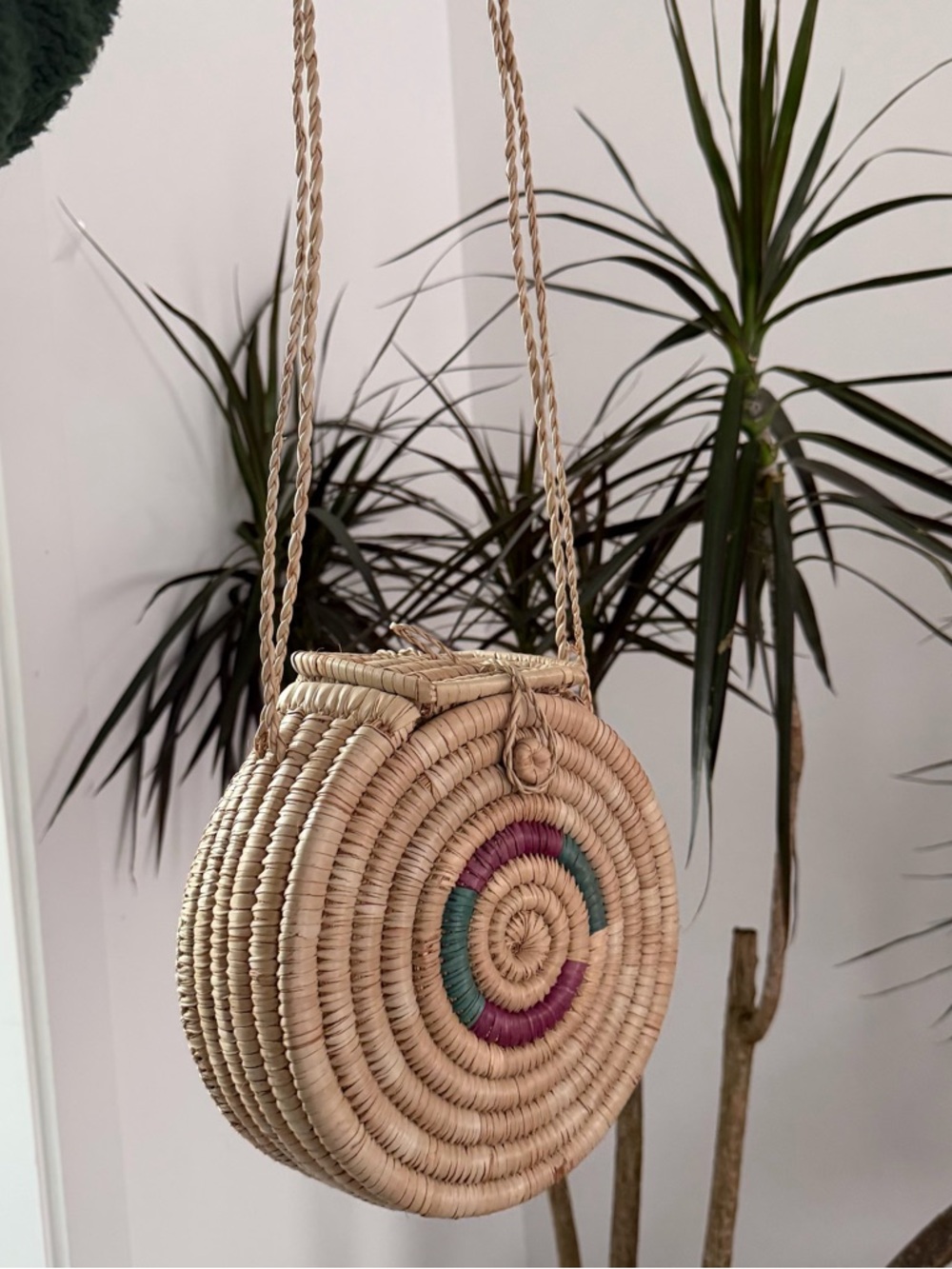 Round Woven Straw Bag with Purple & Teal Accent
